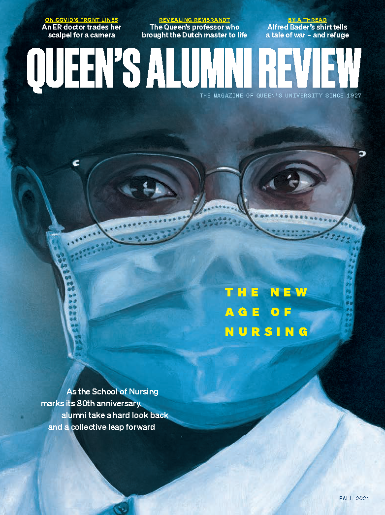 Queen's Alumni Review Magazine cover of  Queen's nursing alumna Daria Adèle Juüdi-Hope, wearing glasses and a blue surgical face mask